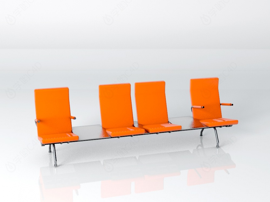 橘黄色多人公共排椅C4D模型