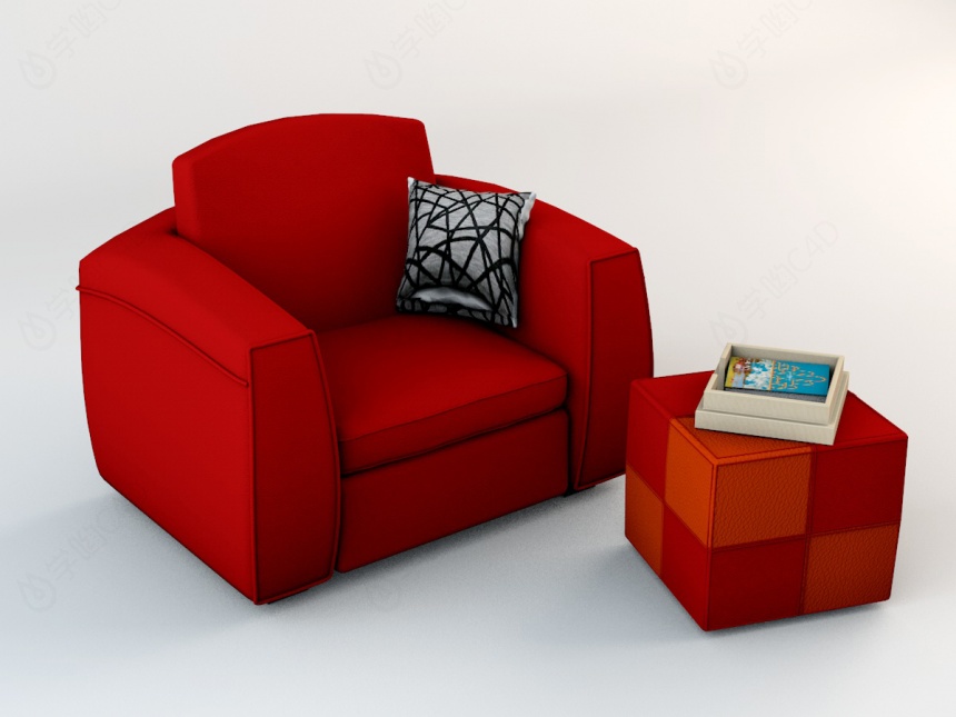 红色单人沙发组合C4D模型