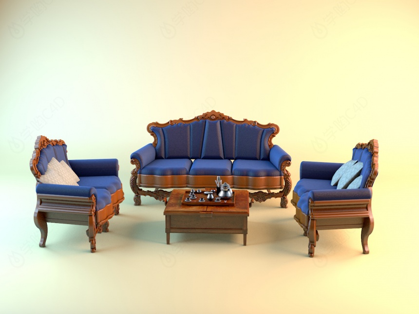 精美沙发茶几组合C4D模型