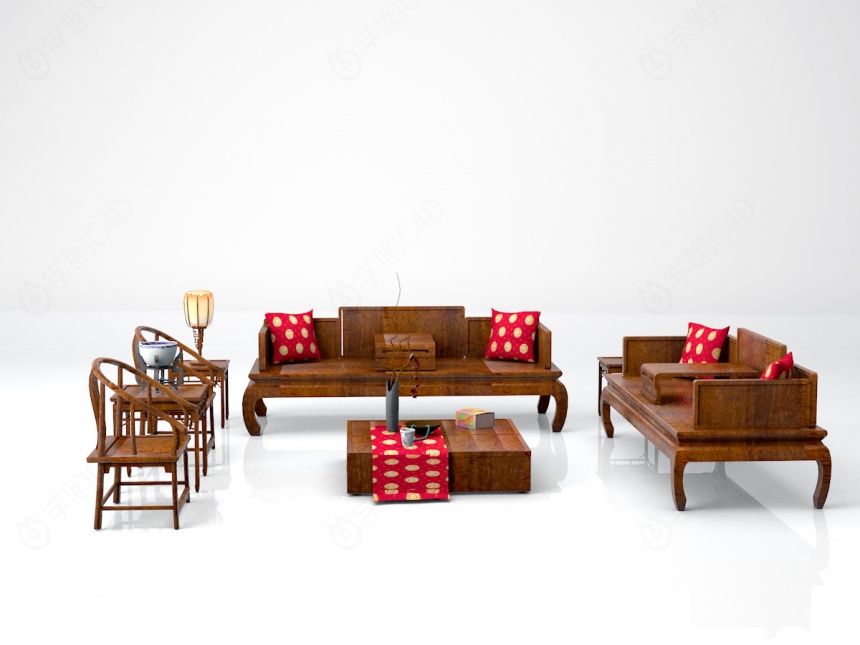 红木沙发茶几组合C4D模型