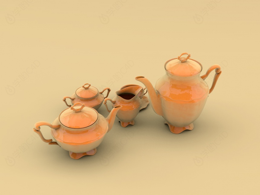 金属茶壶组合C4D模型