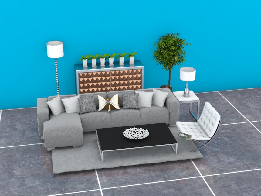 灰色布艺沙发C4D模型