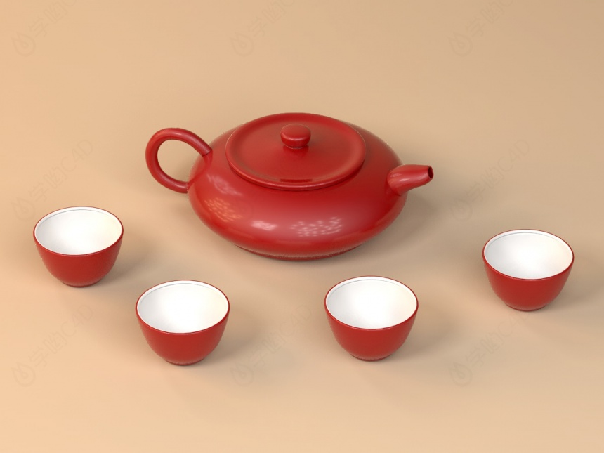 红釉陶瓷茶具C4D模型