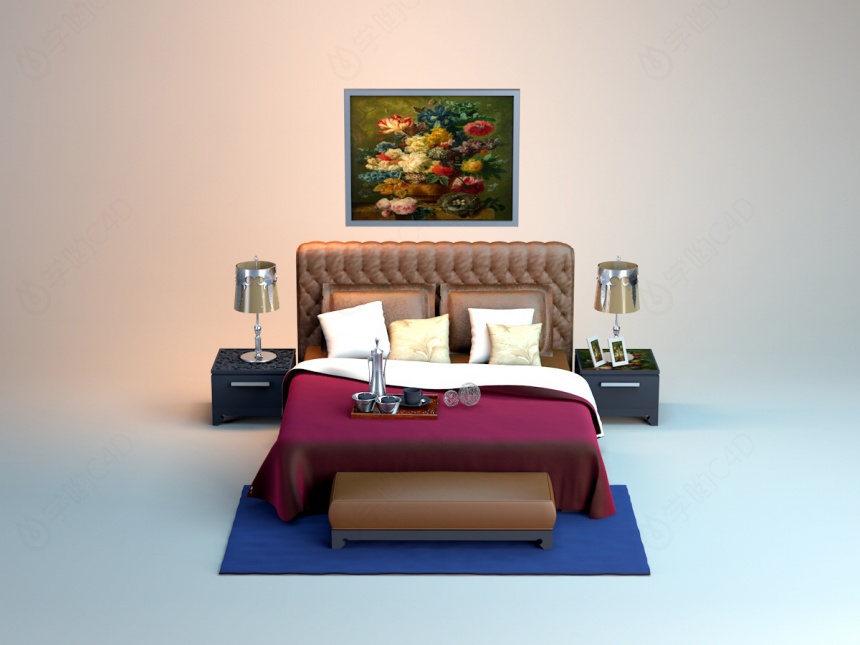现代软包床头卧室双人床C4D模型
