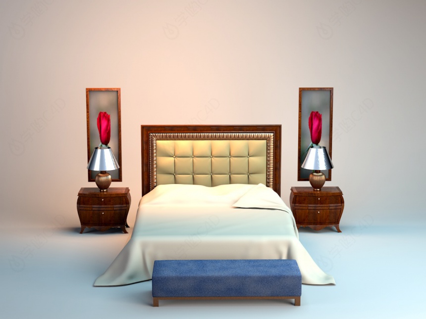 古典欧式床头卧室双人床C4D模型