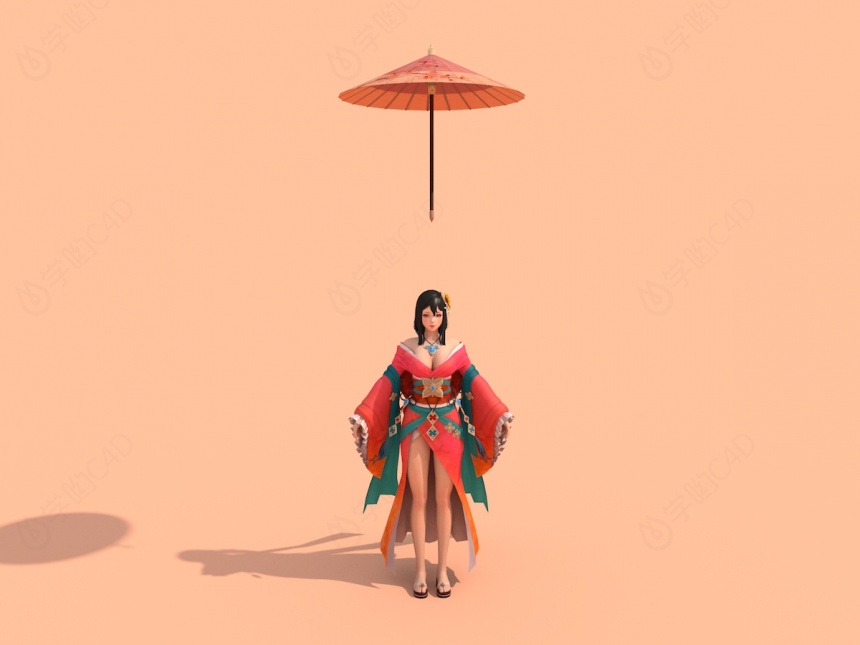 日系打伞女生C4D模型