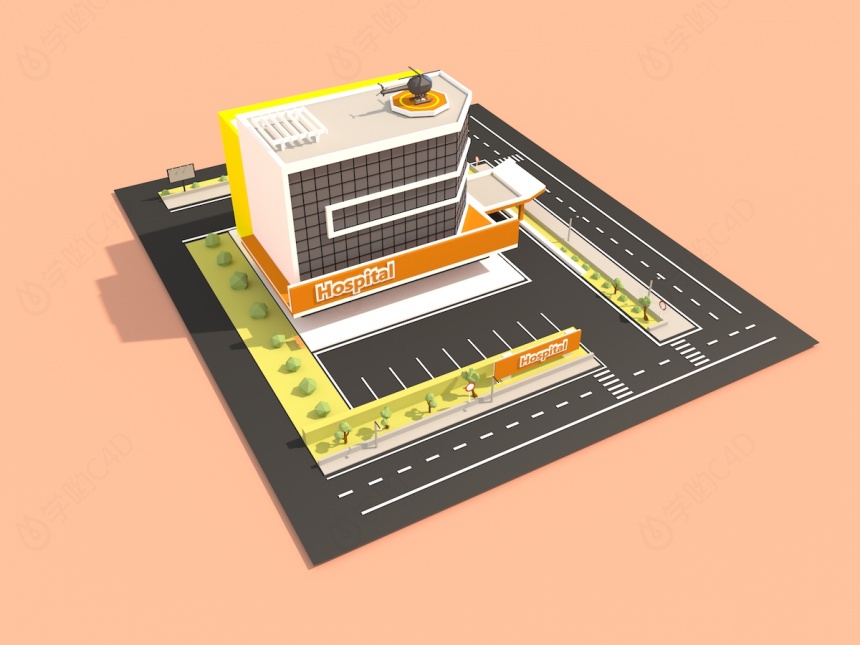 卡通积木房子hospitalC4D模型