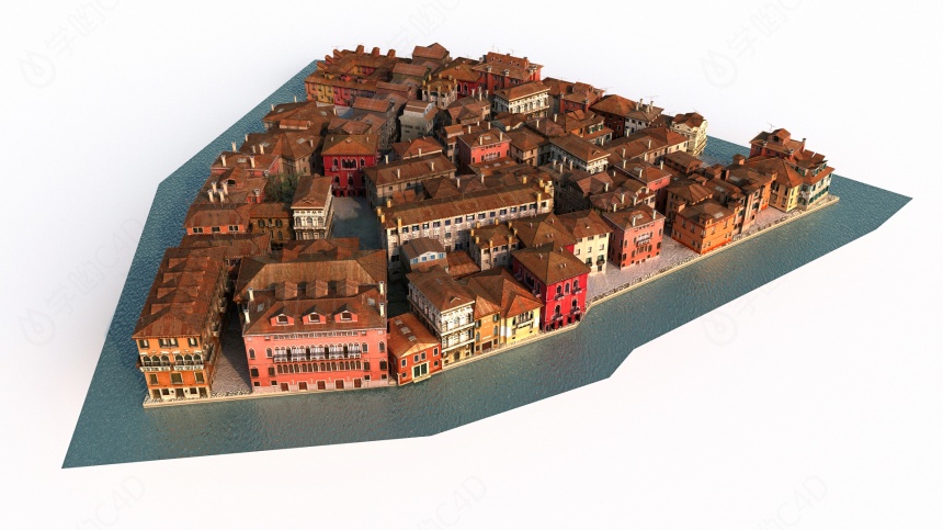 欧洲沿海城市建筑群C4D模型