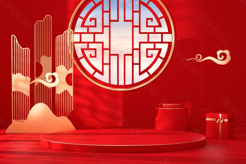 中国风新年电商海报背景C4D模型