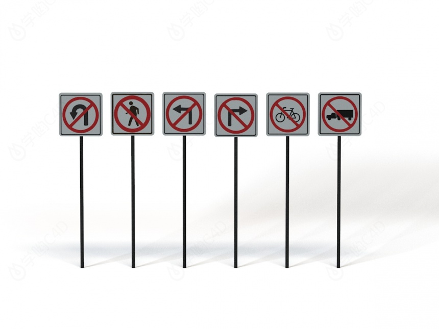 现代道路设施交通指示牌禁止转弯标志C4D模型