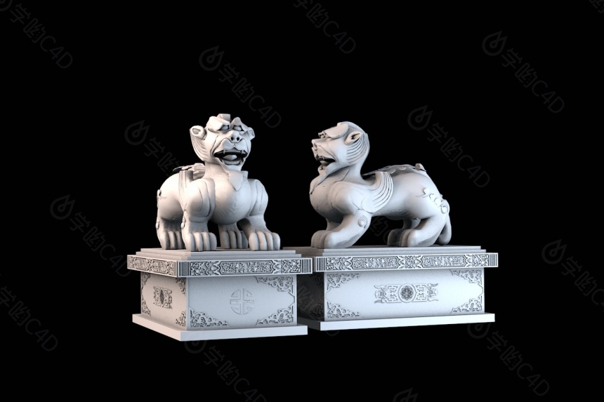 中式石狮子石头雕塑C4D模型