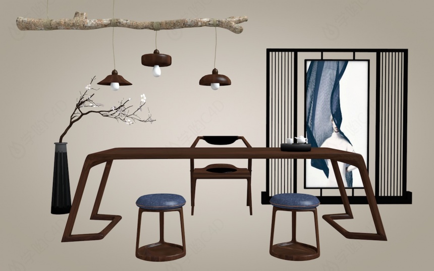 新中式茶桌桌椅C4D模型