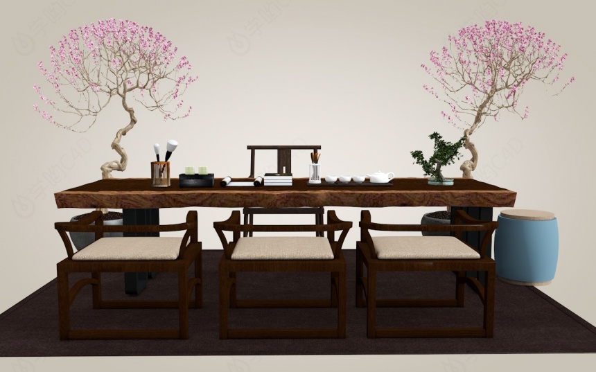 新中式茶桌桌椅C4D模型