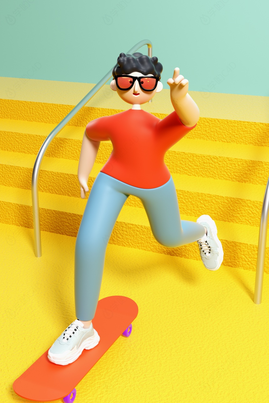 夏季滑板少年黄色小清新人物C4D模型