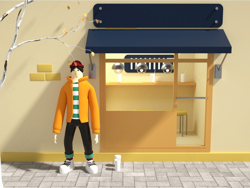 秋季卡通ip男人咖啡店街景C4D创意场景C4D模型