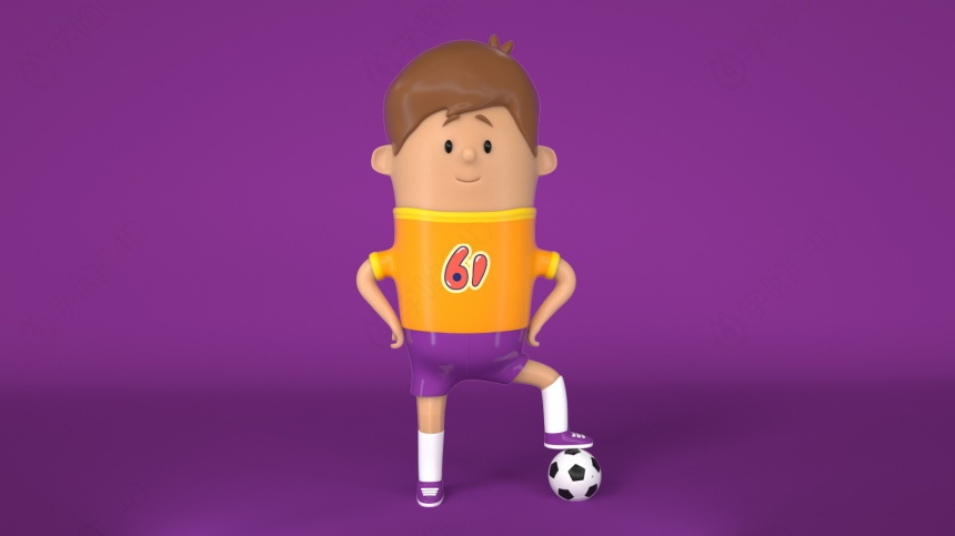 黄紫色卡通风格踢足球少年主题C4D元素C4D模型