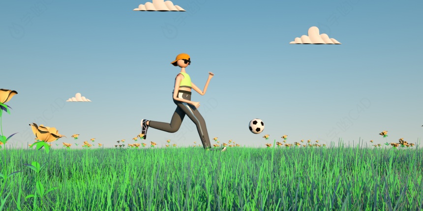 绿色草地夏季运动足球卡通人物ip形象C4D模型