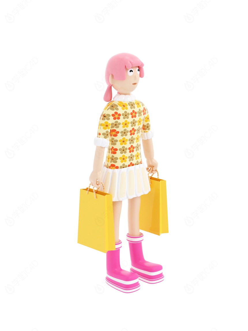 卡通人物拎购物袋的女孩C4D模型