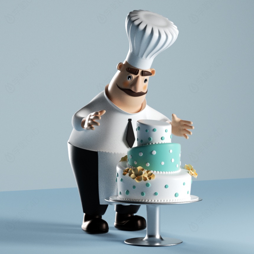 做生日蛋糕的厨师卡通角色C4D模型