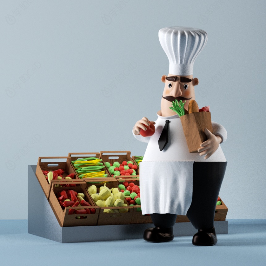 购买蔬菜食品的胖厨师卡通动漫角色C4D模型