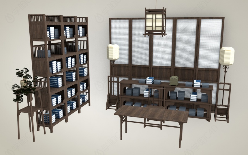 新中式家具屏风书架C4D模型