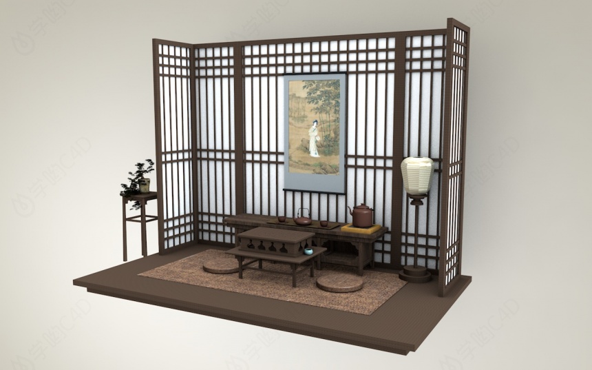 新中式家具屏风茶桌椅C4D模型