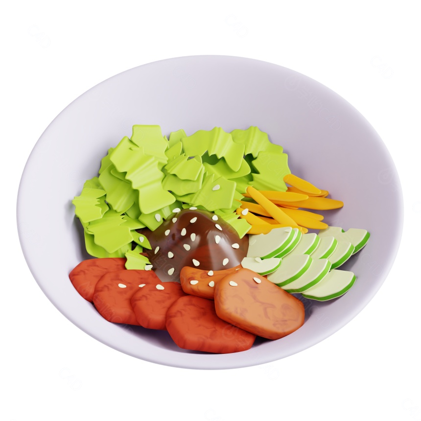 卡通西式韩餐美食韩式烤肉拌饭蔬菜沙拉C4D模型