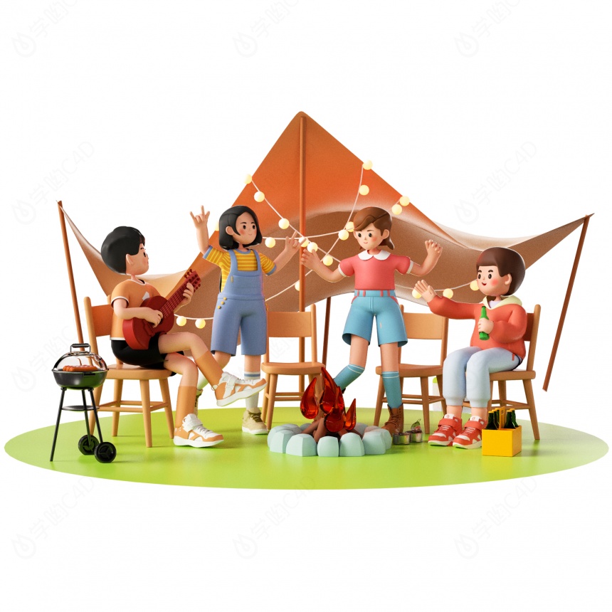 家庭欢聚露营野餐派对篝火歌舞歌唱跳舞C4D模型