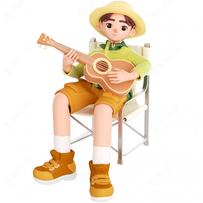 卡通人物户外露营游戏男人男孩唱歌弹吉他弹尤克里里造型C4D模型