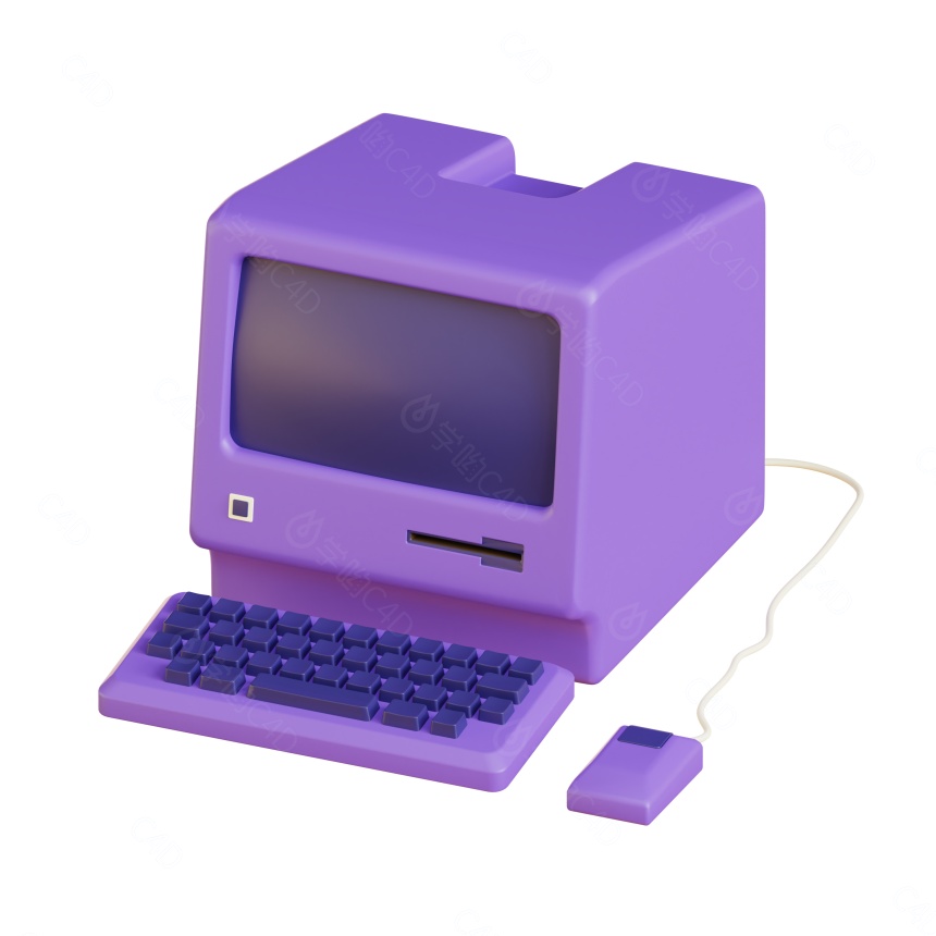 卡通图标摁扭三维复古插卡游戏机台式电脑计算机收银机打印机紫色C4D模型