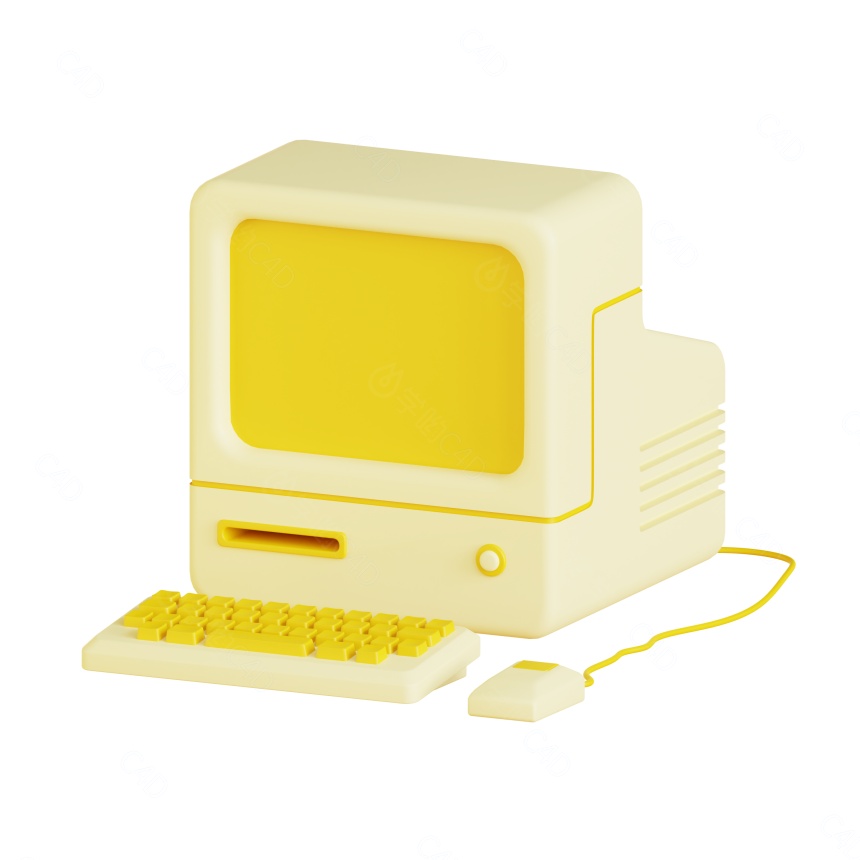 卡通图标摁扭三维复古插卡游戏机台式电脑计算机收银机打印机黄色C4D模型