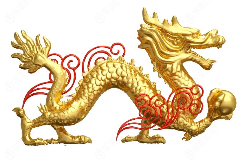 无背景立体黄金雕塑腾飞云龙过年龙年立体龙抬头中国龙形象	C4D模型