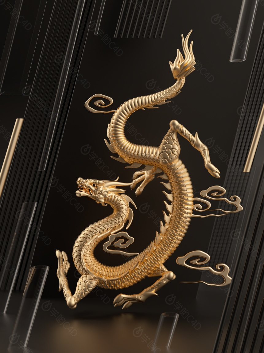 黑金背景立体黄金雕塑腾飞云龙过年龙年立体龙抬头中国龙形象海报封面C4D模型