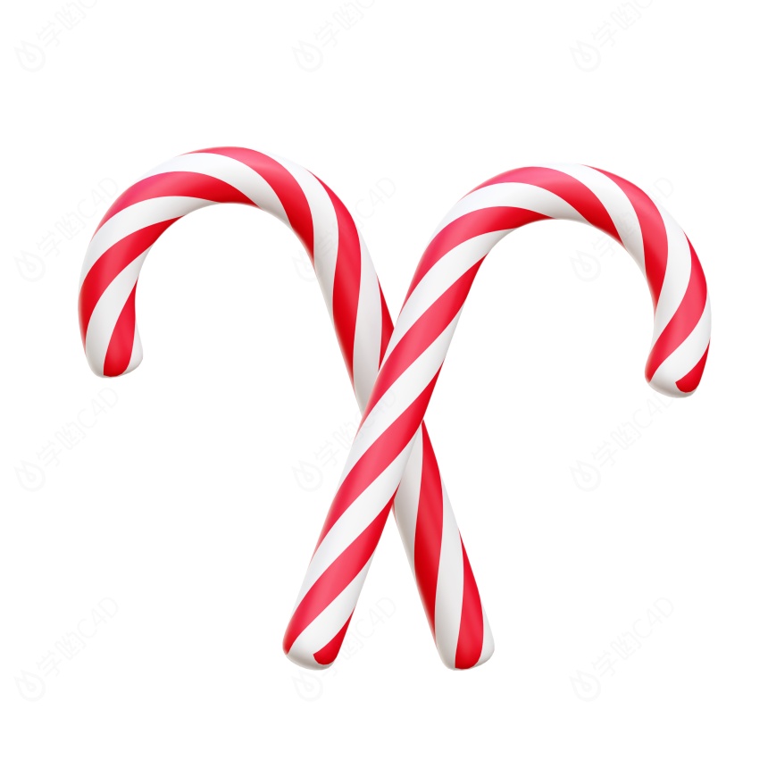卡通圣诞节圣诞树装饰品红白条纹双两个拐杖糖果C4D模型