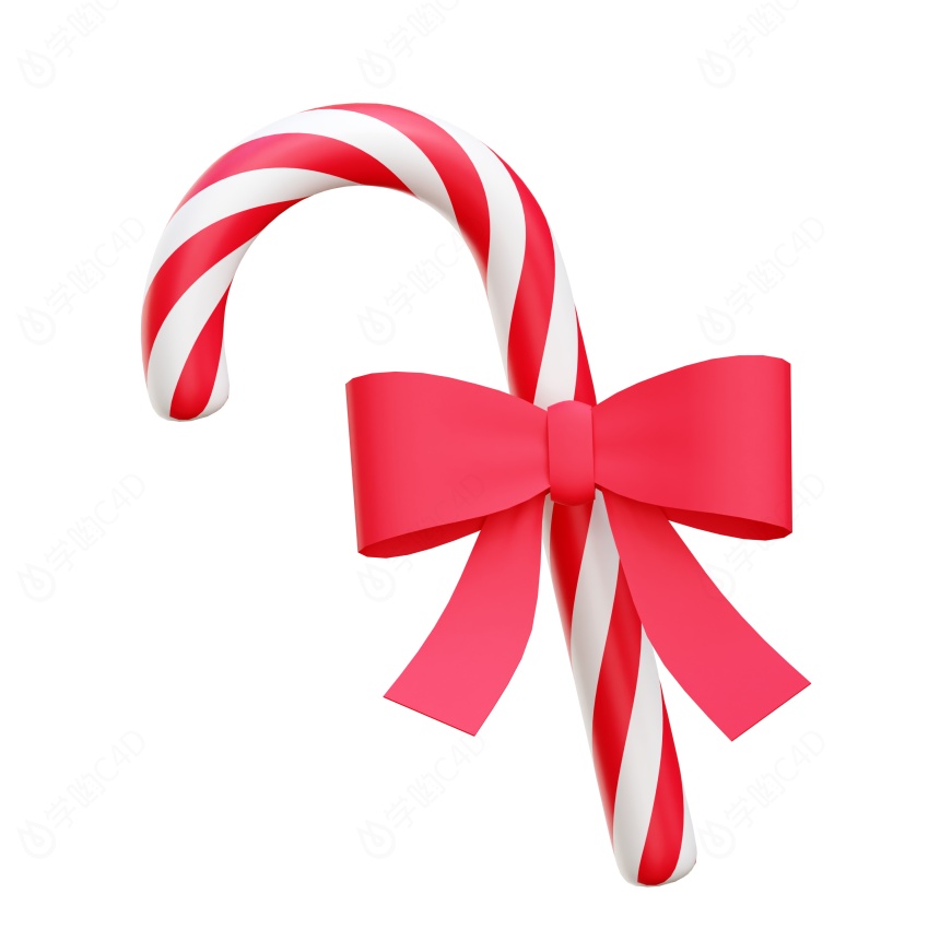 卡通圣诞节圣诞树常见装饰品红白条纹拐杖糖果红色蝴蝶结C4D模型