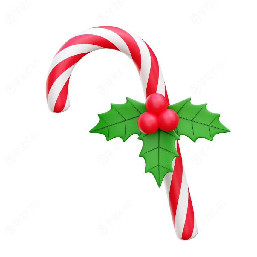 卡通圣诞节圣诞树常见装饰品红白条纹装饰草拐杖糖果C4D模型