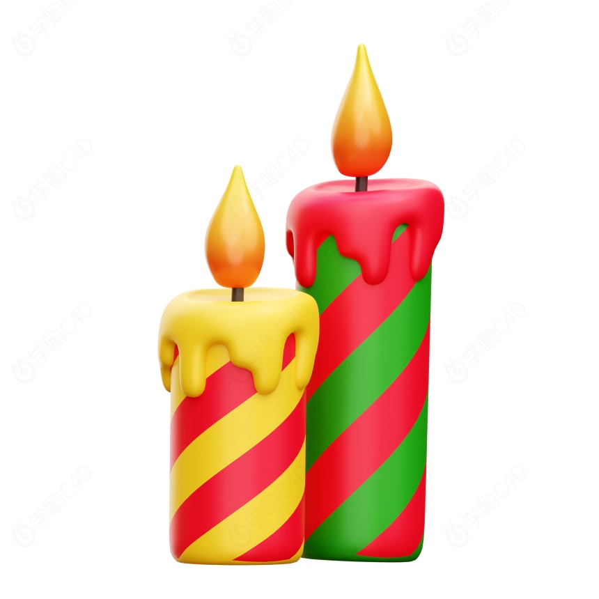 卡通圣诞节圣诞树常见装饰品黄绿双色高矮蜡烛C4D模型
