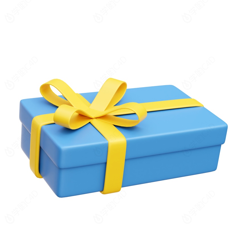卡通圣诞节圣诞树常见装饰用品黄色蝴蝶结蓝色长方形扁礼物盒包装盒C4D模型