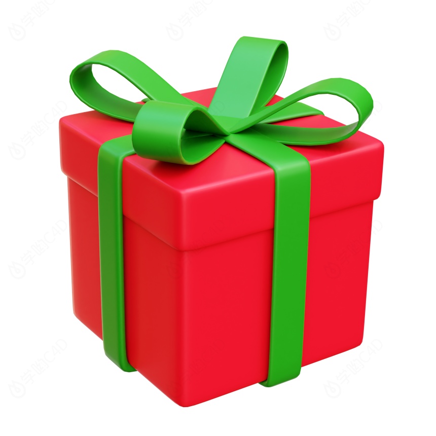 卡通圣诞节圣诞树常见装饰用品绿色蝴蝶结红色正方形礼物盒包装盒C4D模型