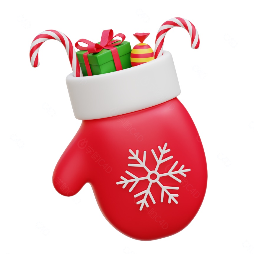 卡通圣诞节圣诞树常见装饰用品手套装满礼品礼物糖果C4D模型