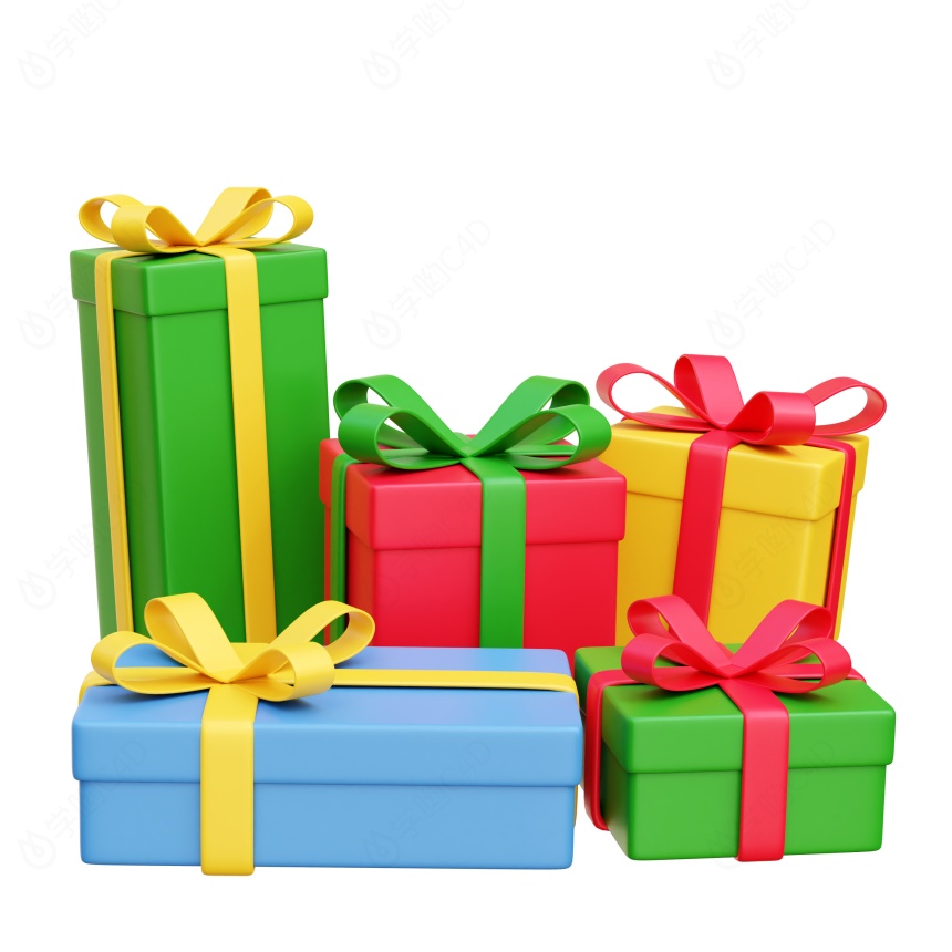 卡通圣诞节圣诞树常见装饰用品圣诞树下礼物盒包装盒C4D模型