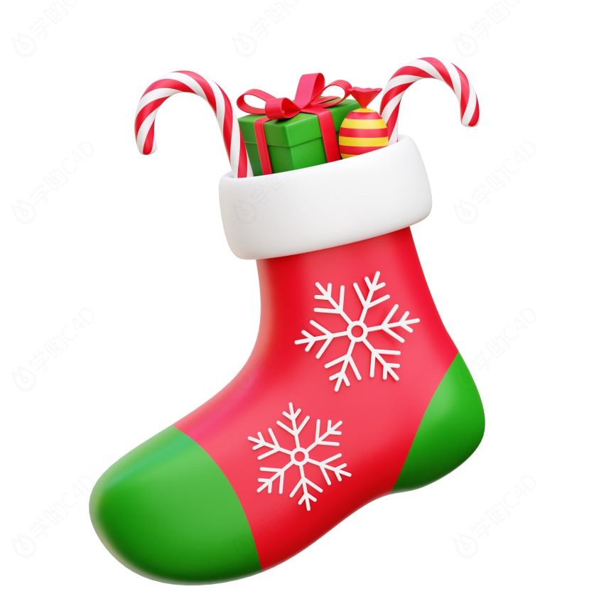 卡通圣诞节圣诞树常见装饰用品装满糖果礼物圣诞袜C4D模型