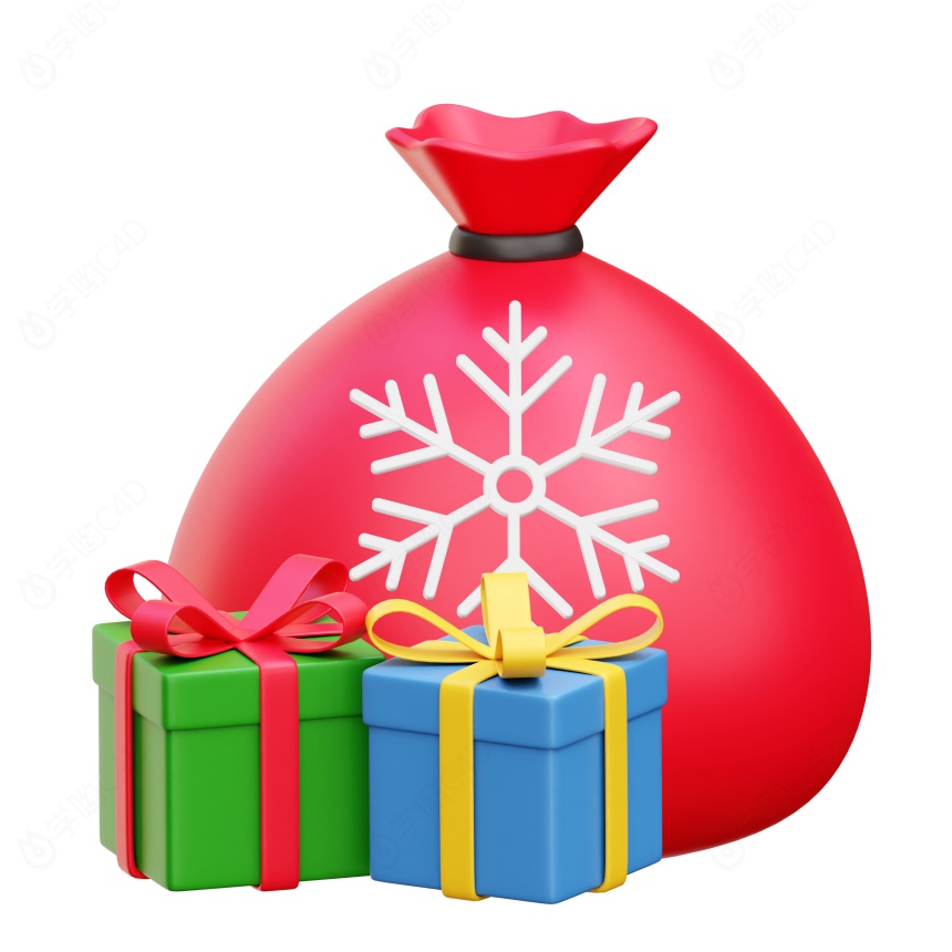 卡通圣诞节圣诞树常见装饰用品礼物袋礼物盒子C4D模型
