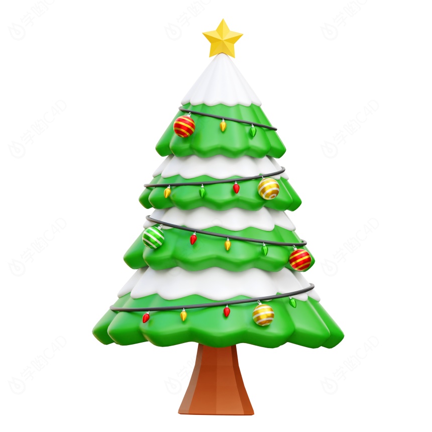 卡通圣诞节圣诞树松树雪花星星小彩灯装饰圣诞树C4D模型
