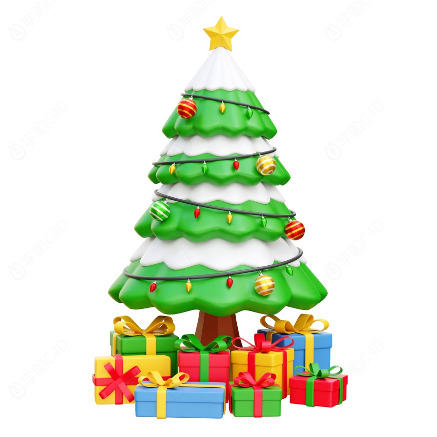卡通圣诞节圣诞树豪华雪花礼物承兑星星小彩灯装饰齐全圣诞树C4D模型