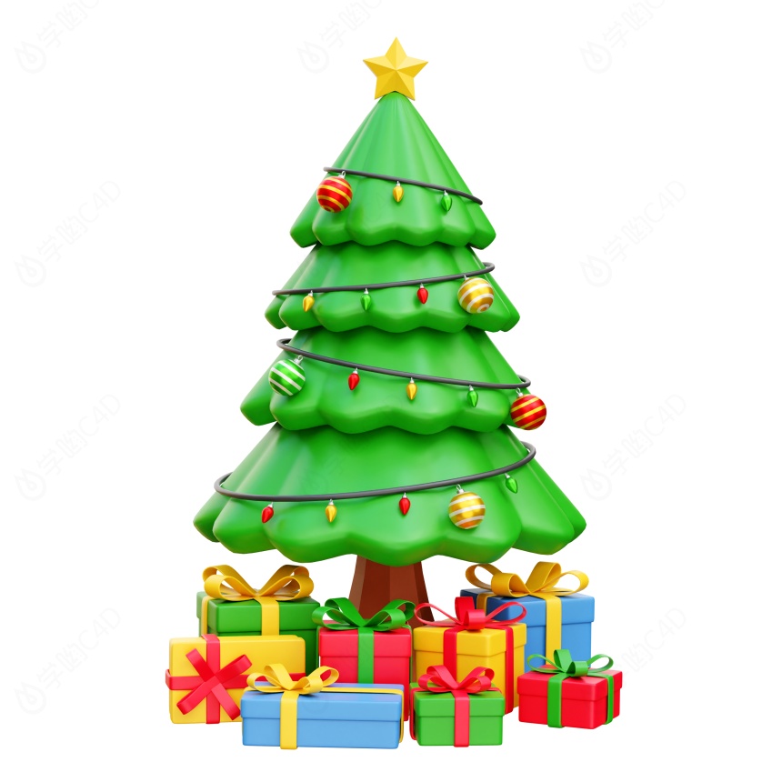 卡通圣诞节圣诞树松树礼物小彩灯圣诞树C4D模型