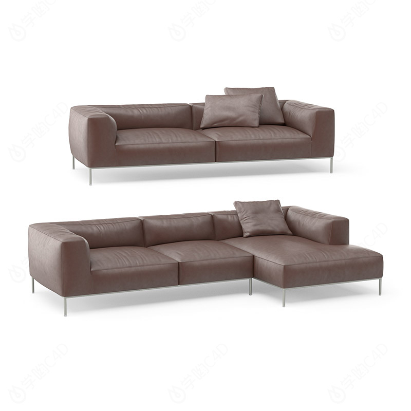 意式简约皮质多人休闲沙发组合深棕色C4D模型
