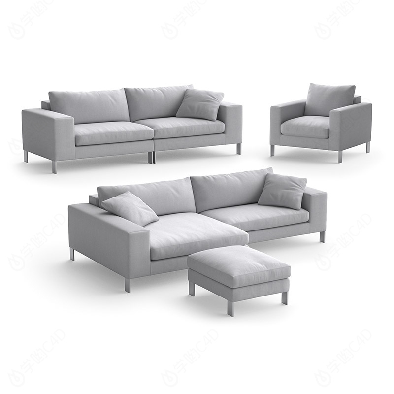 大户型复古简约多人休闲布艺沙发可组合银色C4D模型