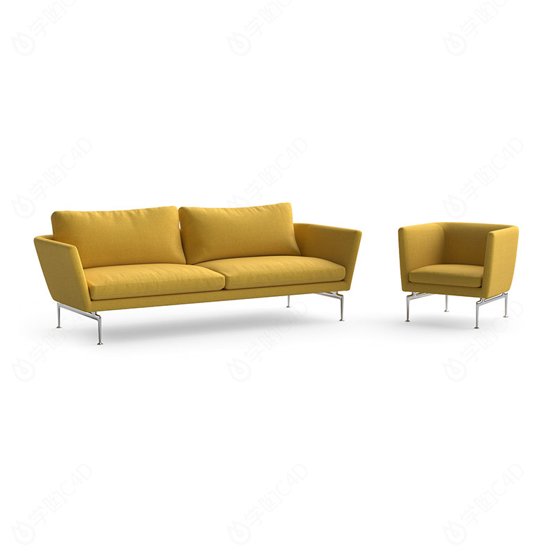 小户型复古简约多人休闲布艺沙发可组合姜黄色C4D模型