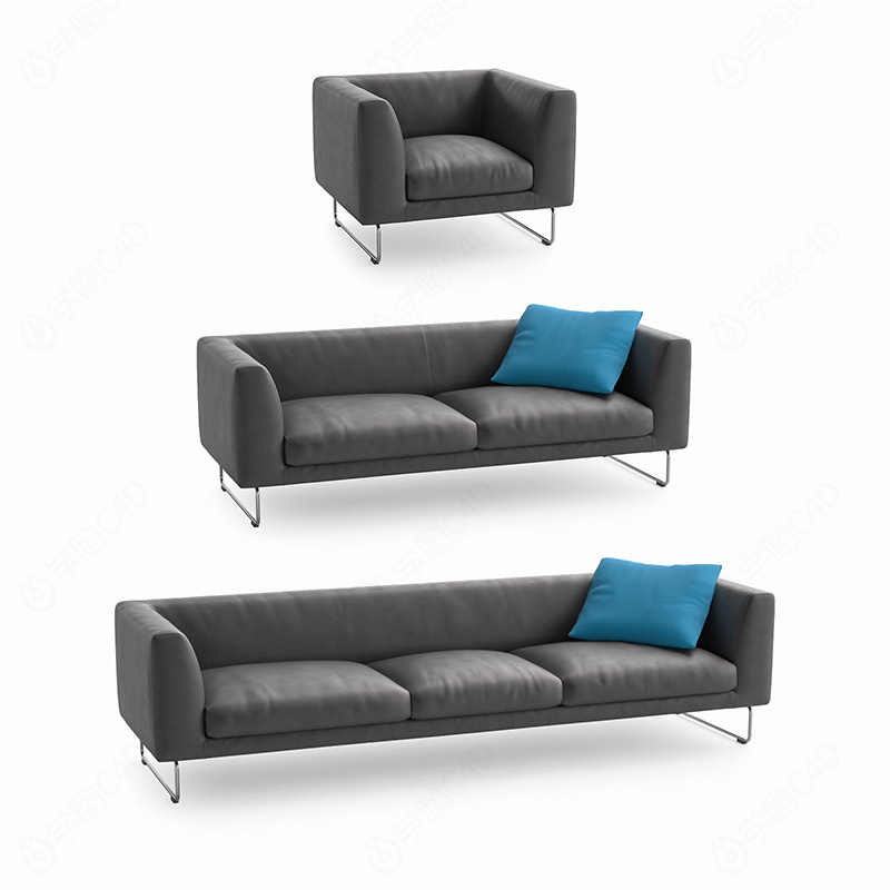 大户型复古简约多人休闲布艺沙发可组合深灰色C4D模型
